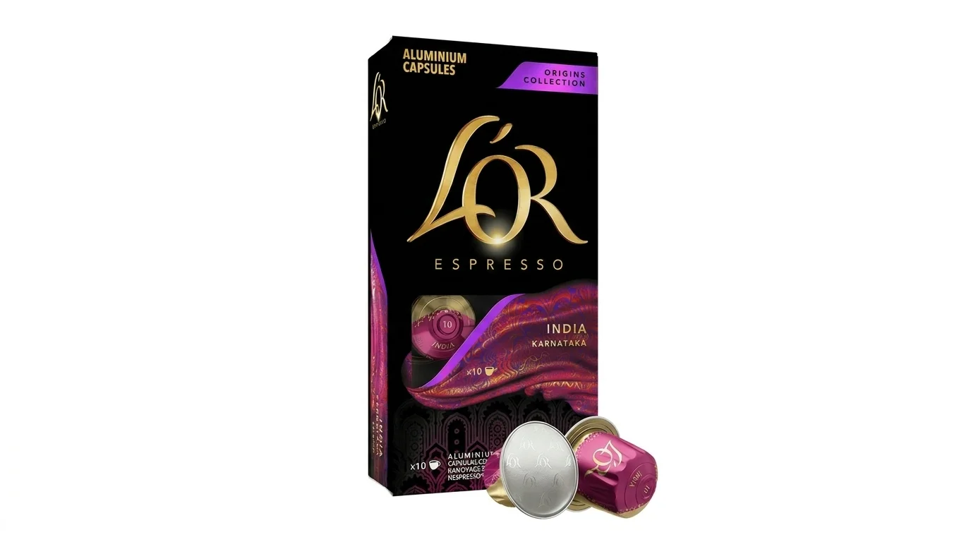 Černá krabička kávových kapslí L'OR Espresso India s fialovými detaily a dvěma hliníkovými kapslemi v popředí.