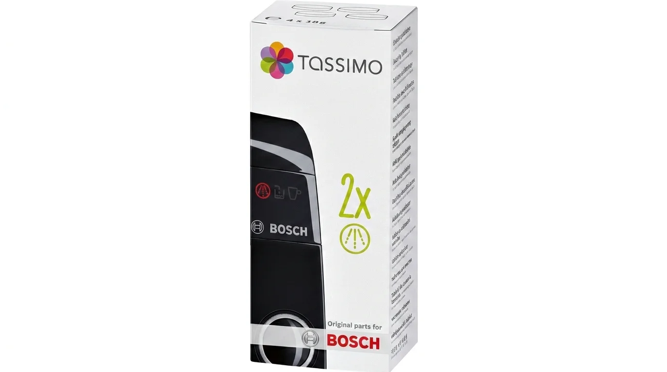 Bílá krabička s odvápňovacími tabletami Bosch TCZ6004 pro kávovary Tassimo.