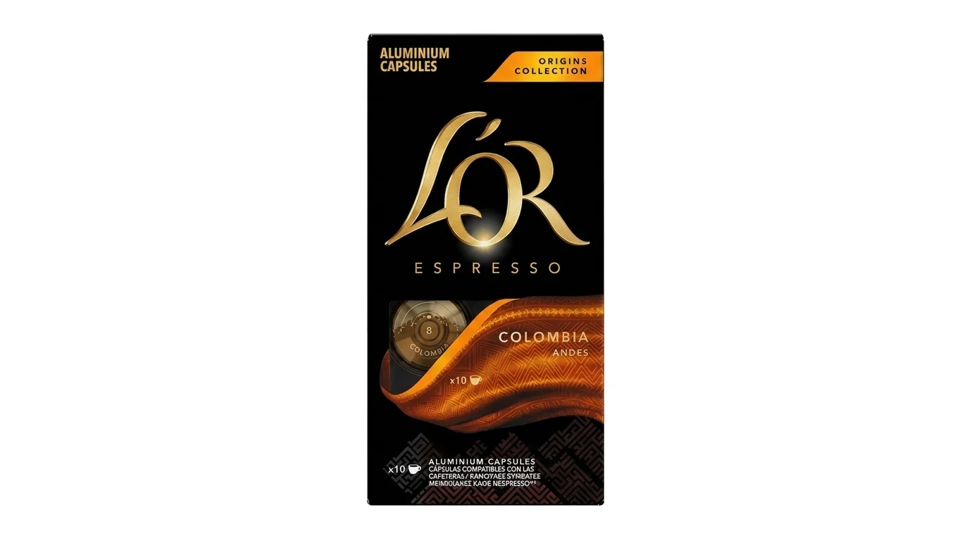 Černá krabička kávových kapslí L'OR Espresso Colombia Andes se zlatým logem a detailem hliníkové kapsle s intenzitou 8.