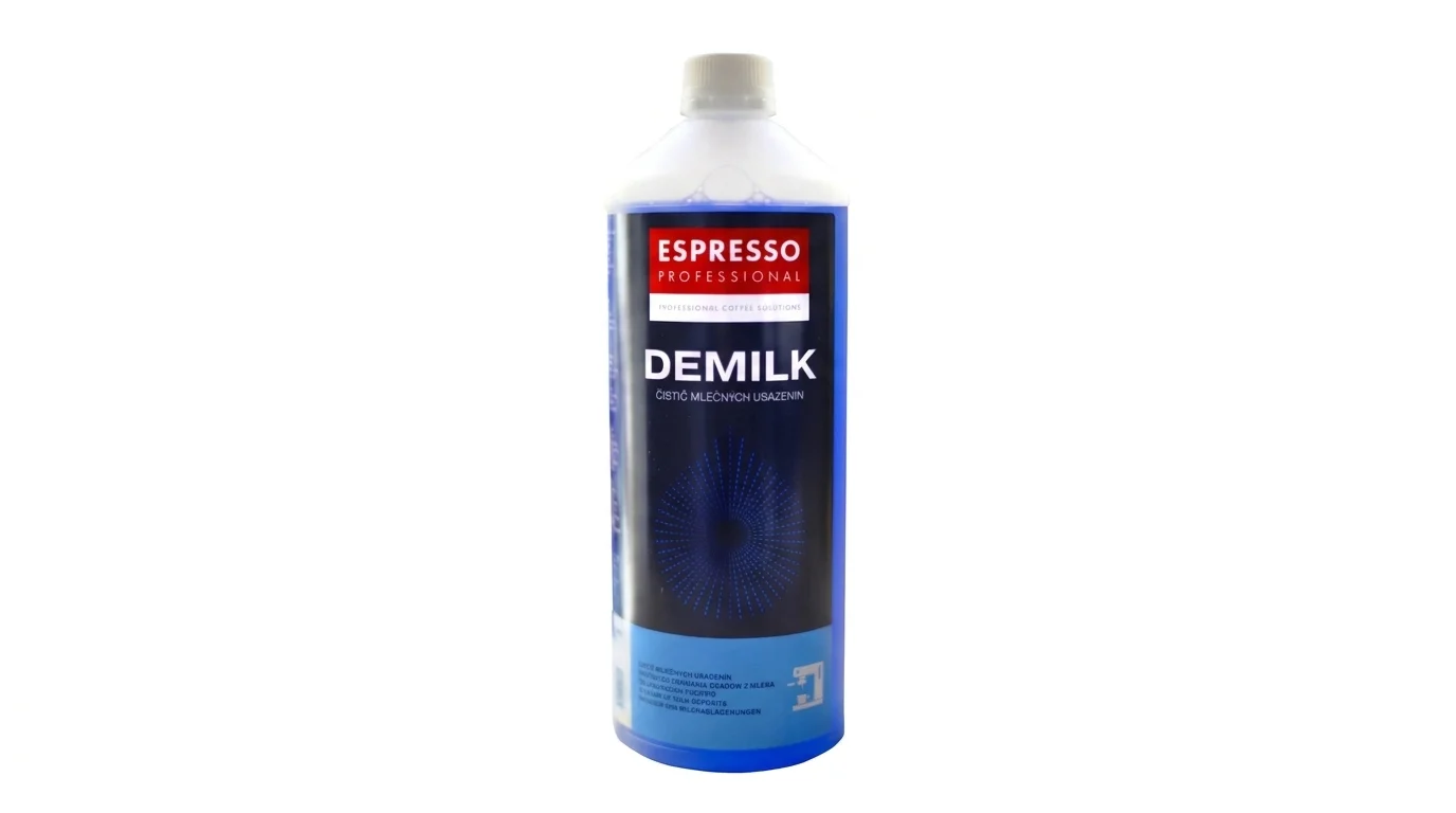 Plastová láhev s modrým tekutým čističem mléčných usazenin Espresso Professional Demilk.