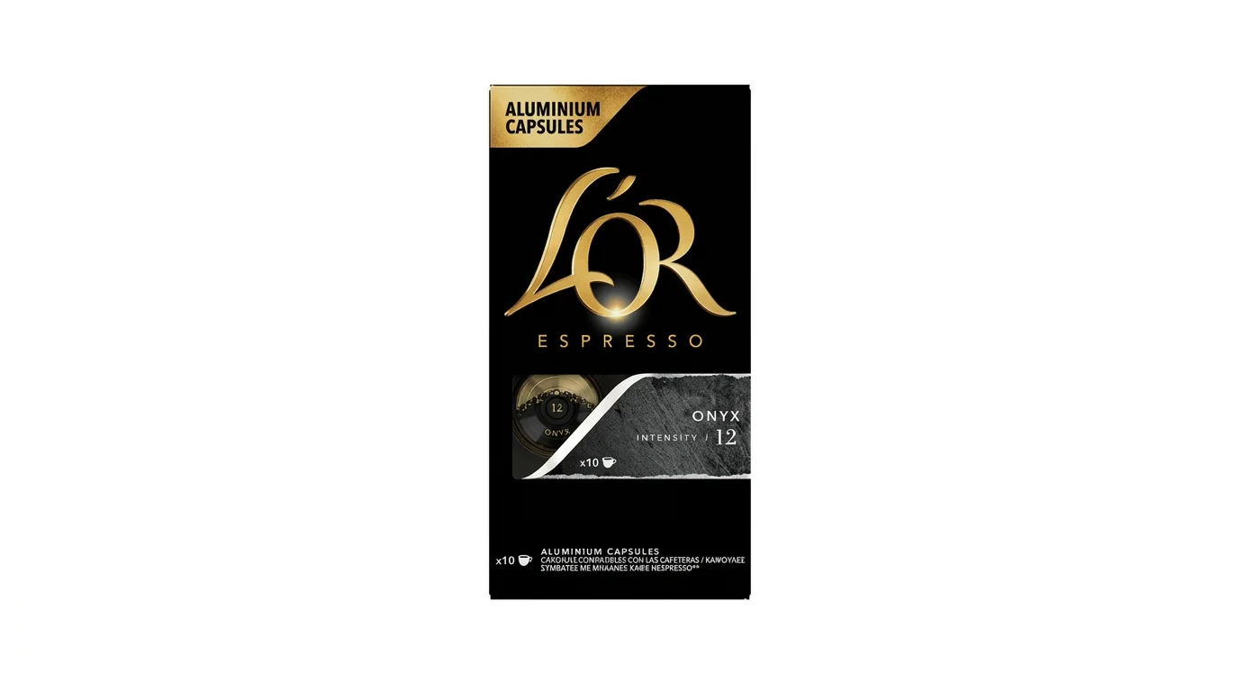 Černé balení kávových kapslí L'OR Espresso Onyx s vyznačenou intenzitou 12 a počtem 10 kusů.