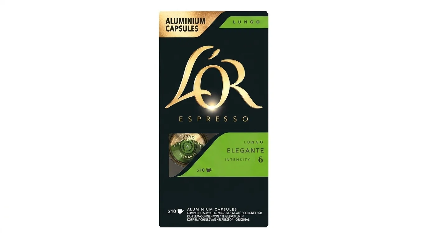 Černá krabička kávových kapslí L'OR Espresso Lungo Elegante s intenzitou 6 a zelenými detaily.
