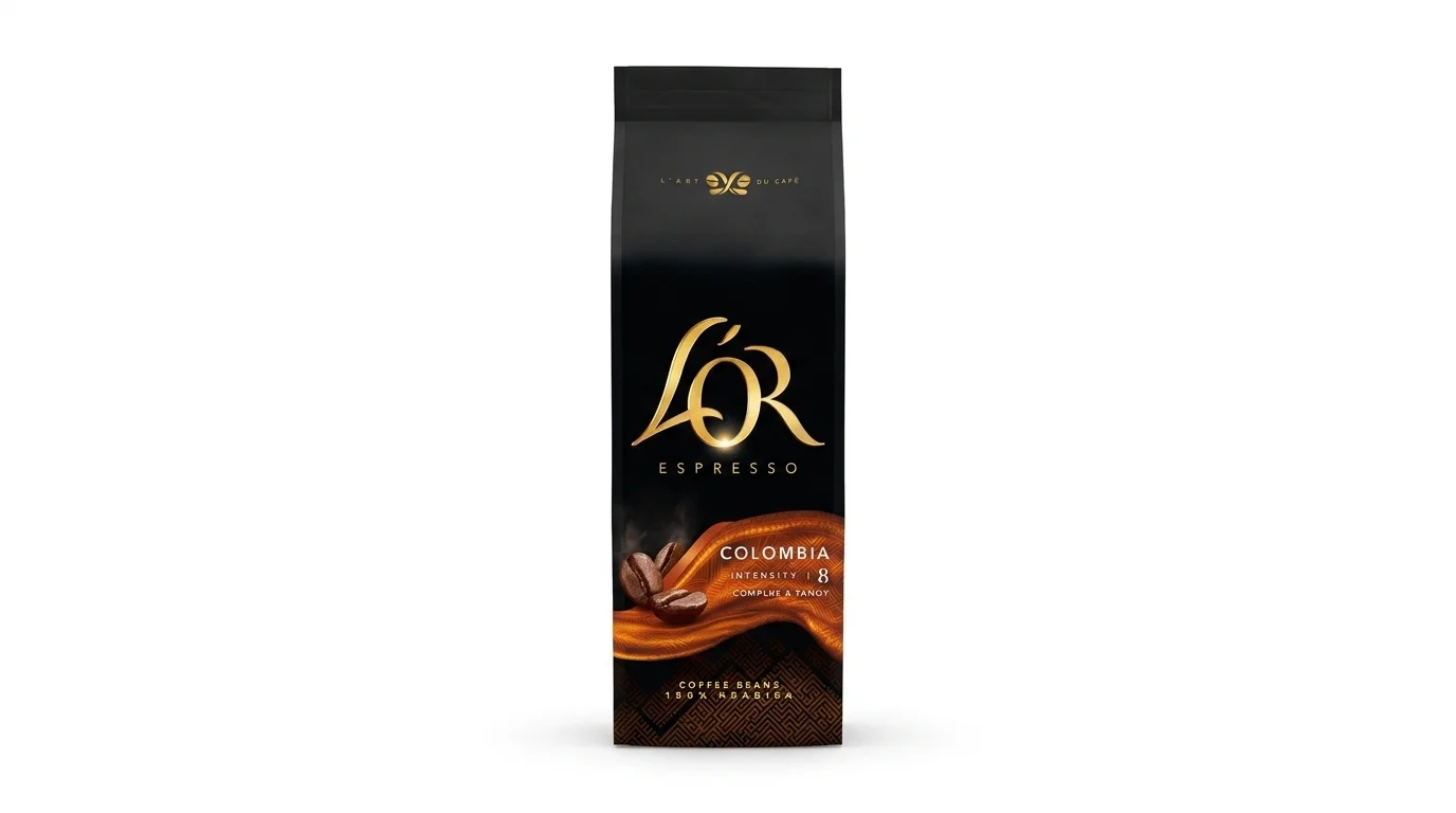 Čierne balenie zrnkovej kávy L'OR Espresso Colombia so zlatým logom a vyobrazením dvoch kávových zŕn.