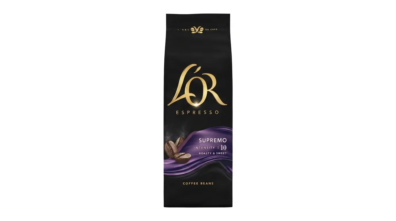 Čierne balenie zrnkovej kávy L'OR Espresso Supremo s fialovým dizajnom a vyobrazenými kávovými zrnami.