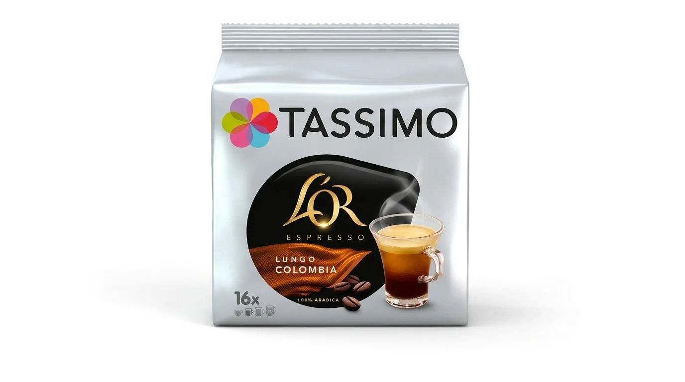 Balenie kávových kapsúl Tassimo L'OR Lungo Colombia s vyobrazením šálky kávy a označením 16x.