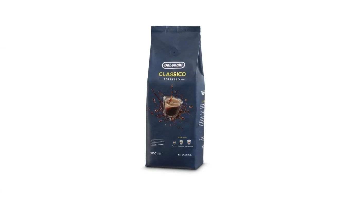 Tmavomodré balenie zrnkovej kávy De'Longhi Classico Espresso s hmotnosťou 1 kg.
