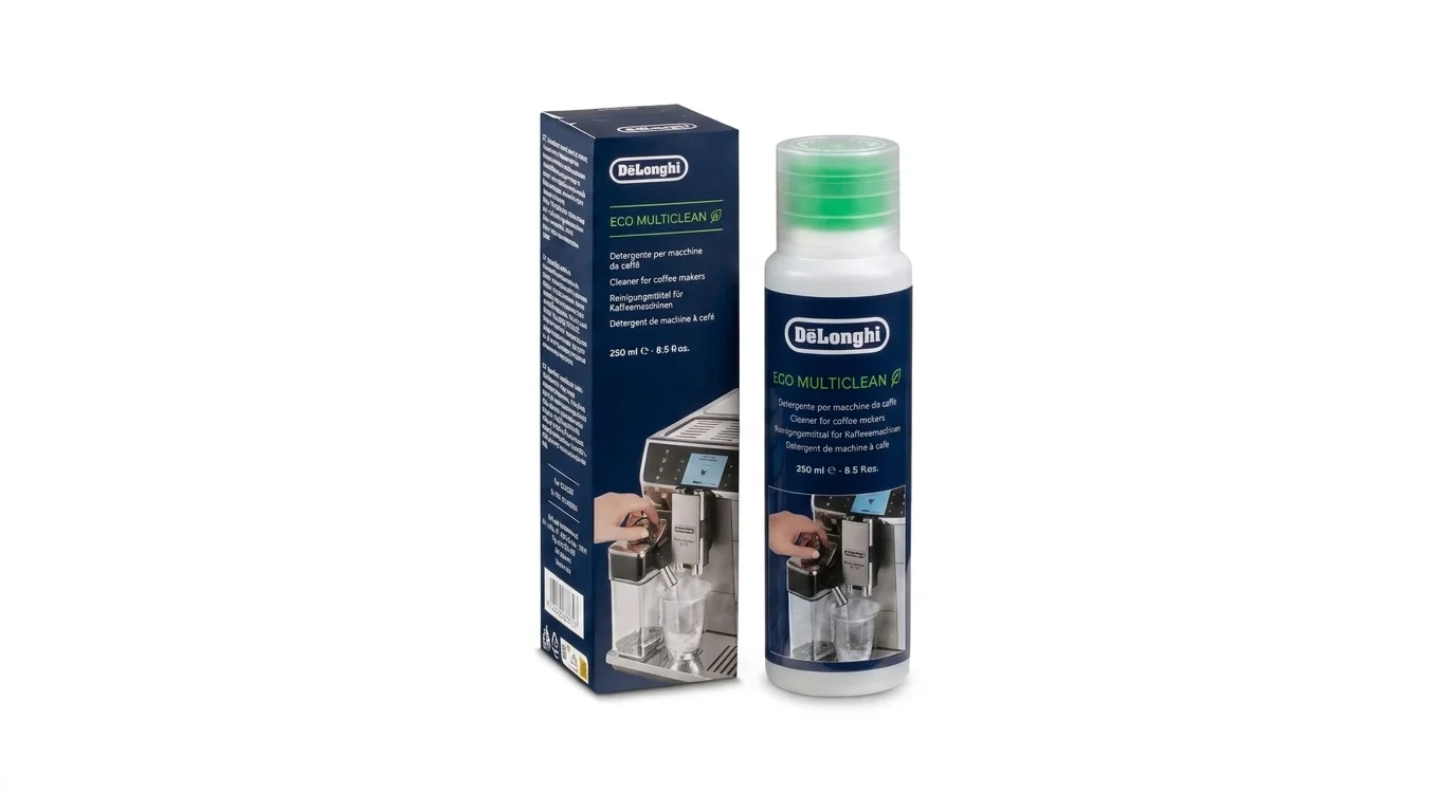 Čistič kávovarov De'Longhi Eco Multiclean DLSC550 vo fľaši s objemom 250 ml a v papierovej krabičke.