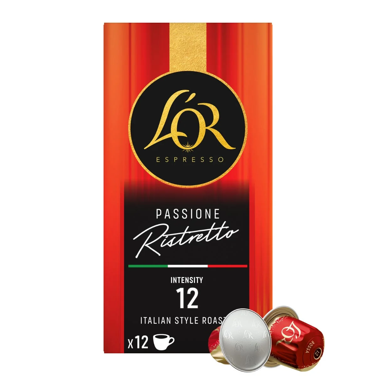 Červeno-černá krabička kávových kapslí L'OR Espresso Passione Ristretto s intenzitou 12 a dvěma kapslemi v popředí.