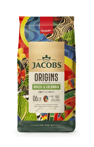 Balenie zrnkovej kávy Jacobs Origins Brazil & Colombia s pestrofarebným dizajnom.