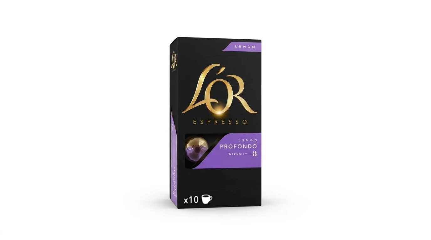 Černá krabička kávových kapslí L'OR Espresso Lungo Profondo s fialovými detaily a označením intenzity 8.