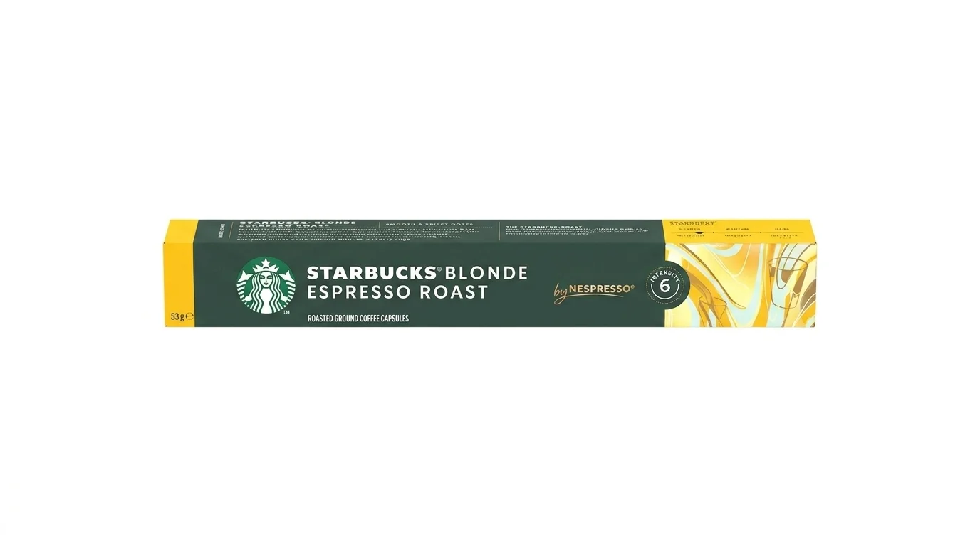 Zelená a žlutá krabička kávových kapslí Starbucks Blonde Espresso Roast by Nespresso s intenzitou 6.