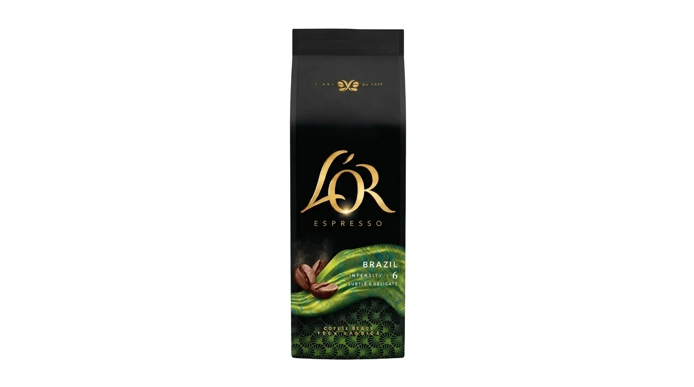 Čierne balenie zrnkovej kávy L'OR Espresso Brazil so zlatým logom a zeleným dizajnom v spodnej časti.