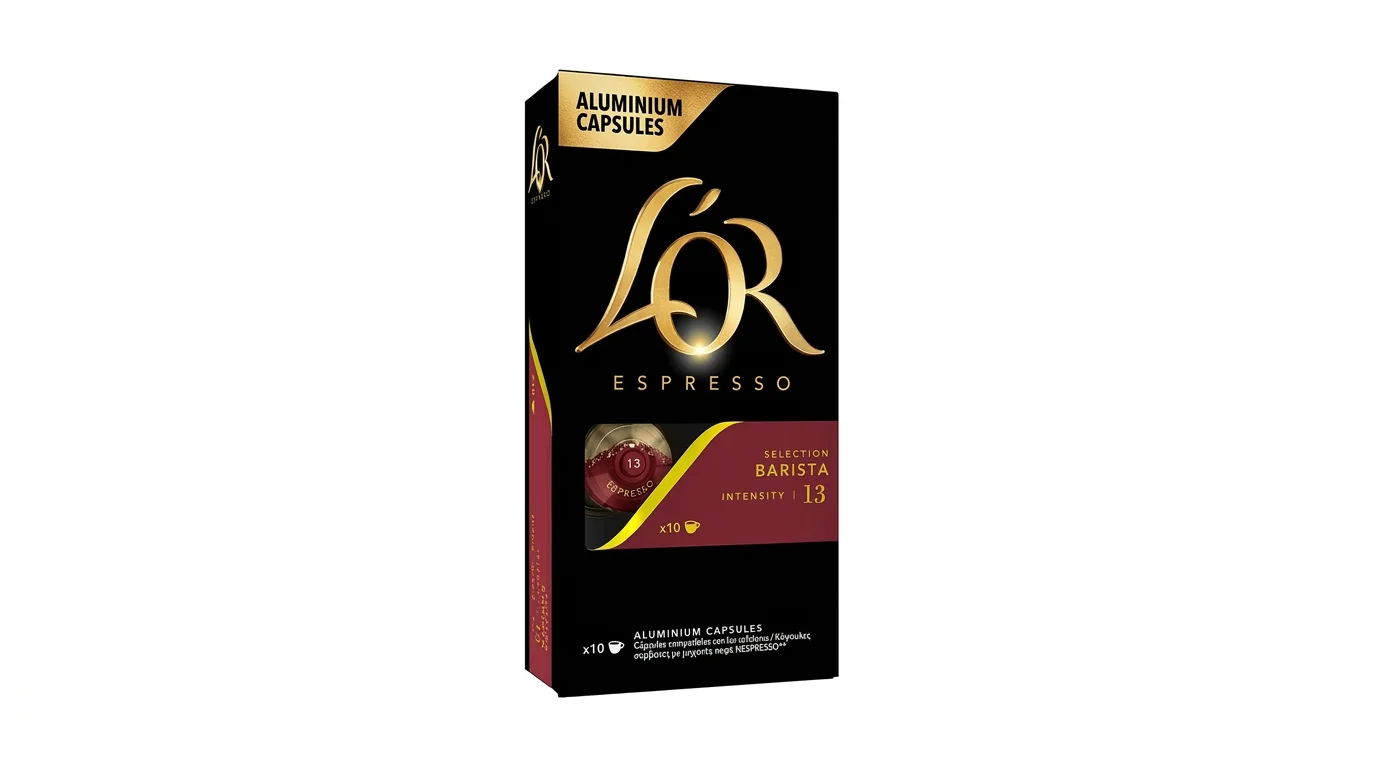 Černá krabička kávových kapslí L'OR Espresso Barista s intenzitou 13, obsahující 10 hliníkových kapslí.