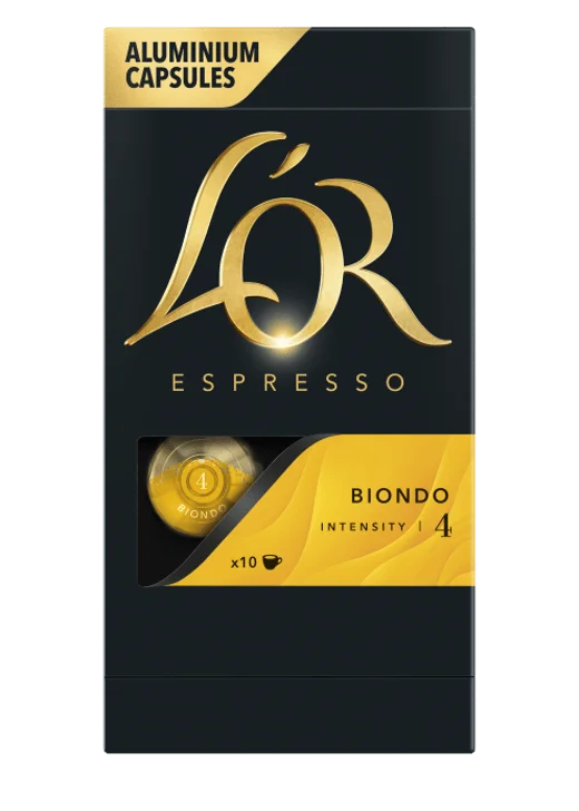 Černá krabička kávových kapslí L'OR Espresso Biondo se zlatým logem, označením intenzity 4 a průhledem na kapsli.