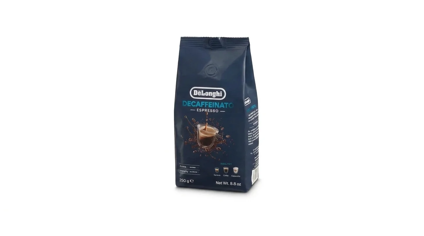 Tmavomodré balenie bezkofeínovej zrnkovej kávy De'Longhi Decaffeinato Espresso s hmotnosťou 250 g.
