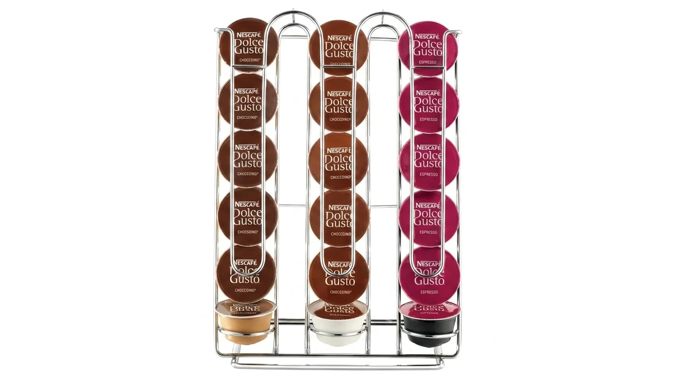 Nerezový stojan Krups XB201000 s tromi stĺpcami naplnenými kávovými kapsulami Nescafé Dolce Gusto.