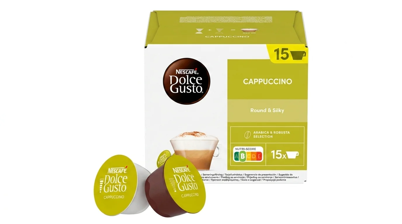 Balenie kapsúl Nescafé Dolce Gusto Cappuccino s dvoma kapsulami v popredí.