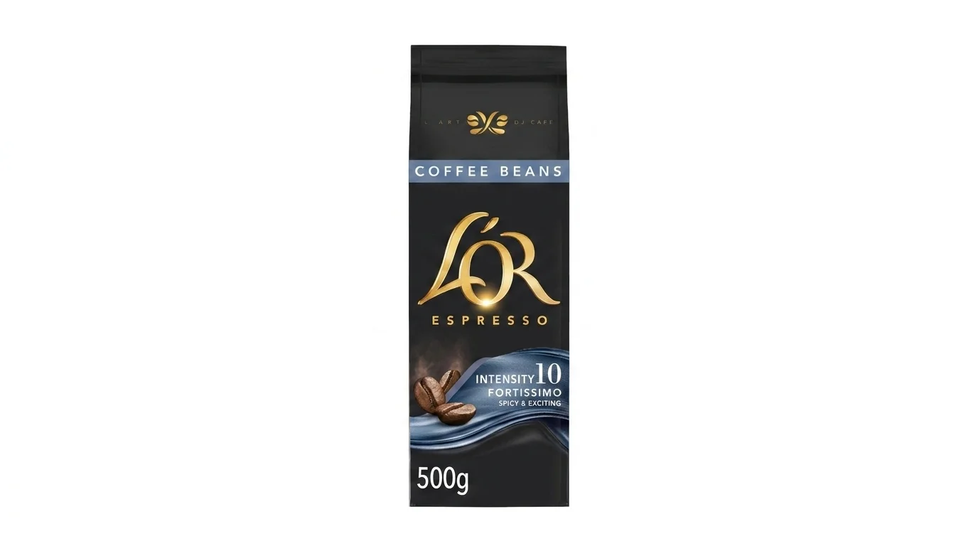 Čierne balenie zrnkovej kávy L'OR Espresso Fortissimo 500 g s vyobrazením kávových zŕn a označením intenzity 10.