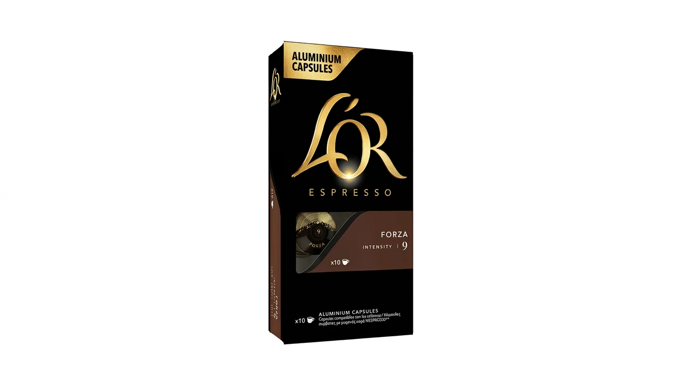Černá krabička kávových kapslí L'OR Espresso Forza s intenzitou 9 a zlatým logem.