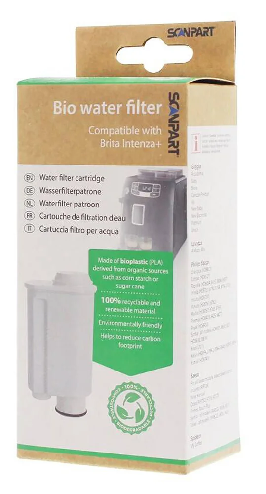 Balení bio vodního filtru Scanpart kompatibilního s Brita Intenza+ s vyobrazením bílé filtrační patrony.