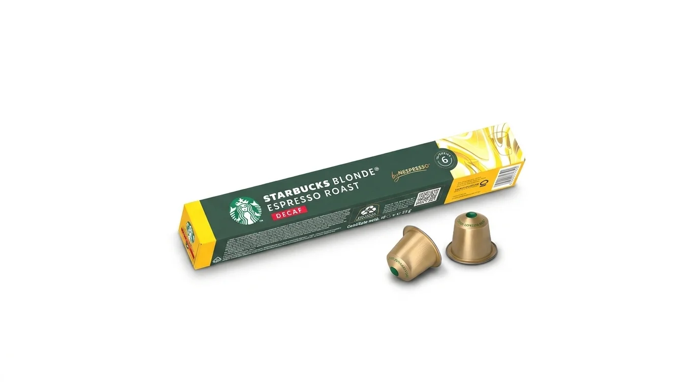 Krabička kávových kapslí Starbucks Blonde Espresso Roast Decaf a dvě zlaté kapsle na bílém pozadí.