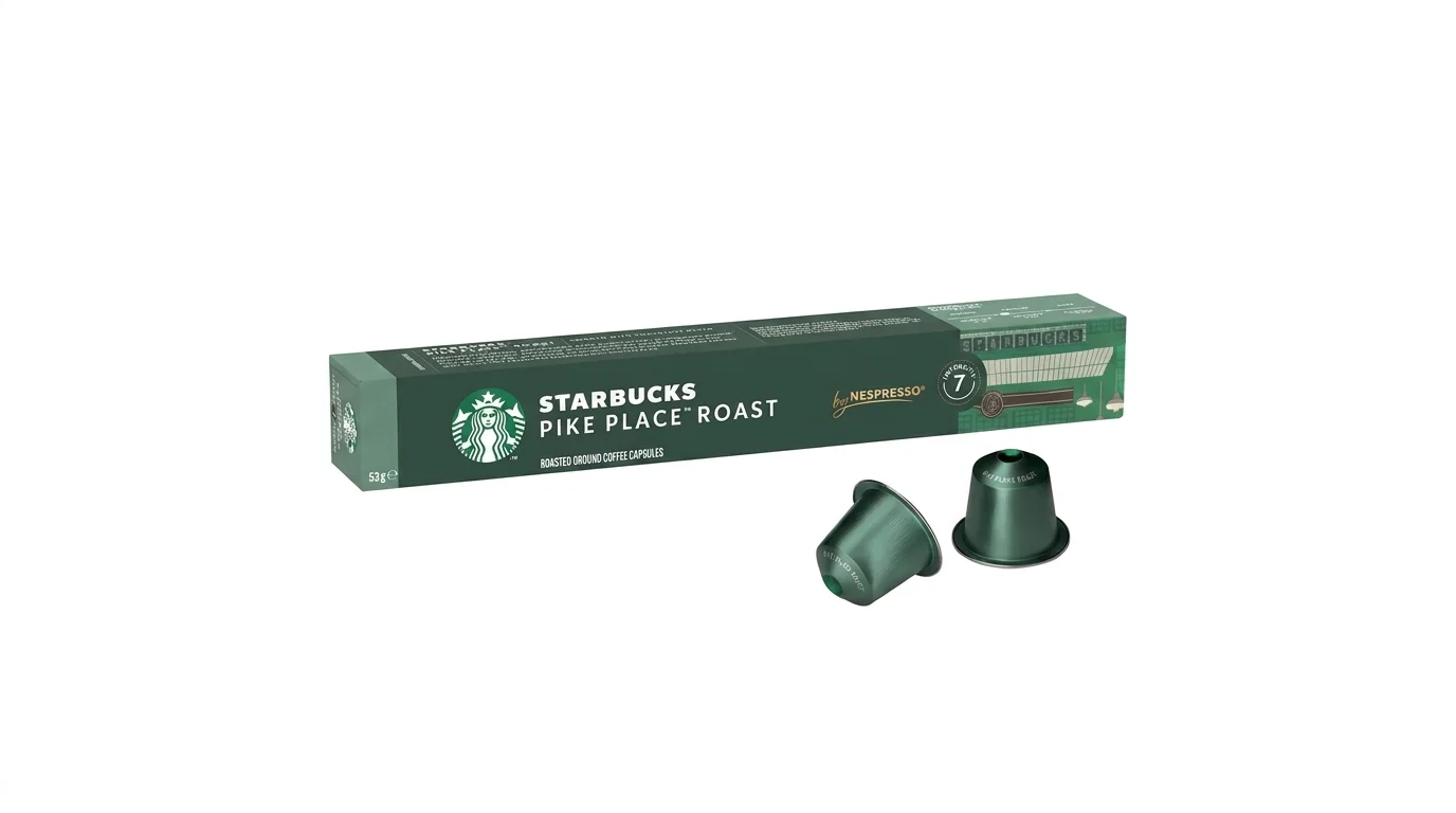 Zelené balení kávových kapslí Starbucks Pike Place Roast pro kávovary Nespresso se dvěma kapslemi na bílém pozadí.