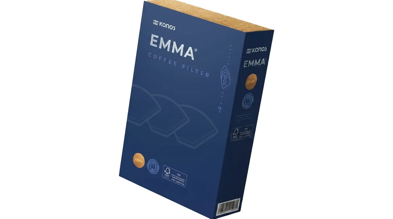 Modrá krabička kávových filtrov Konos Emma veľkosti 4 so 100 kusmi.