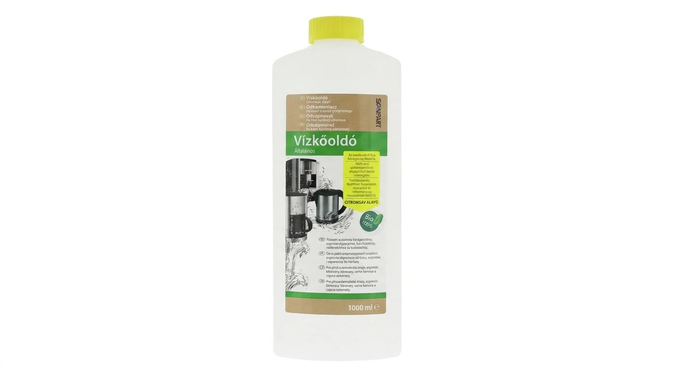 Bílá plastová lahev s tekutým odvápňovačem Scanpart o objemu 1000 ml se žlutým uzávěrem.