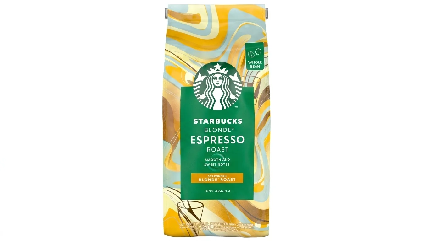 Balenie zrnkovej kávy Starbucks Blonde Espresso Roast so žlto-modrým mramorovým vzorom a zelenou etiketou.