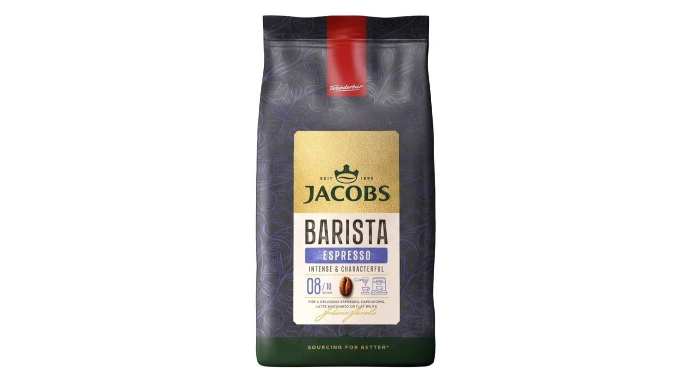 Balenie zrnkovej kávy Jacobs Barista Espresso v tmavom vrecku so zlatým štítkom a označením intenzity 8/10.