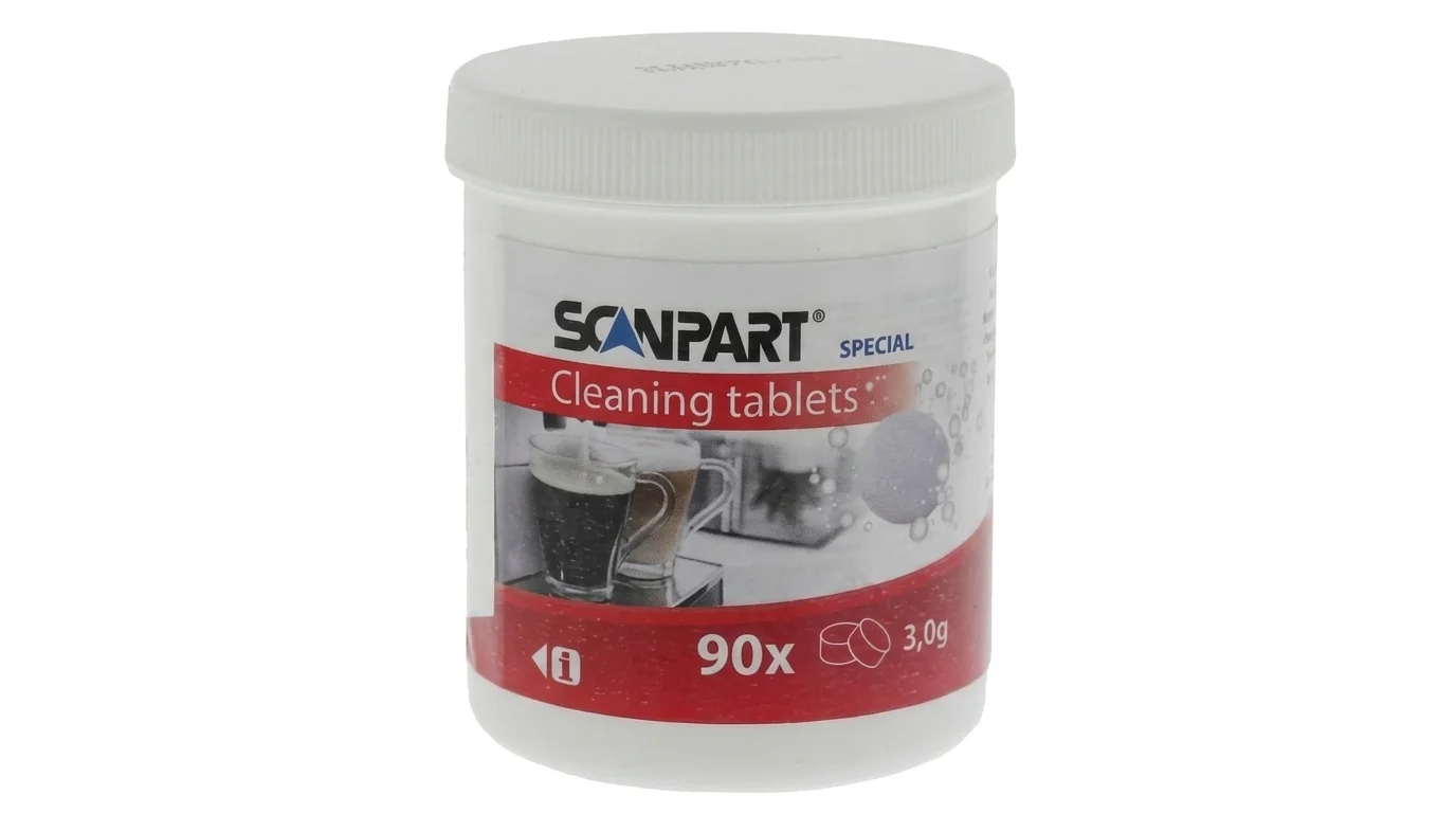 Bílá plastová dóza s čisticími tabletami Scanpart pro kávovary s označením 90x na červenobílé etiketě.