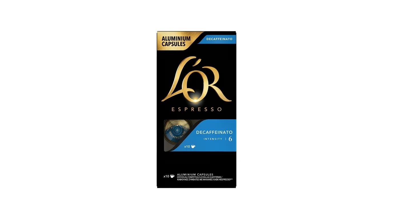 Čierne balenie kávových kapsúl L'OR Espresso Decaffeinato so zlatým logom a modrými prvkami.
