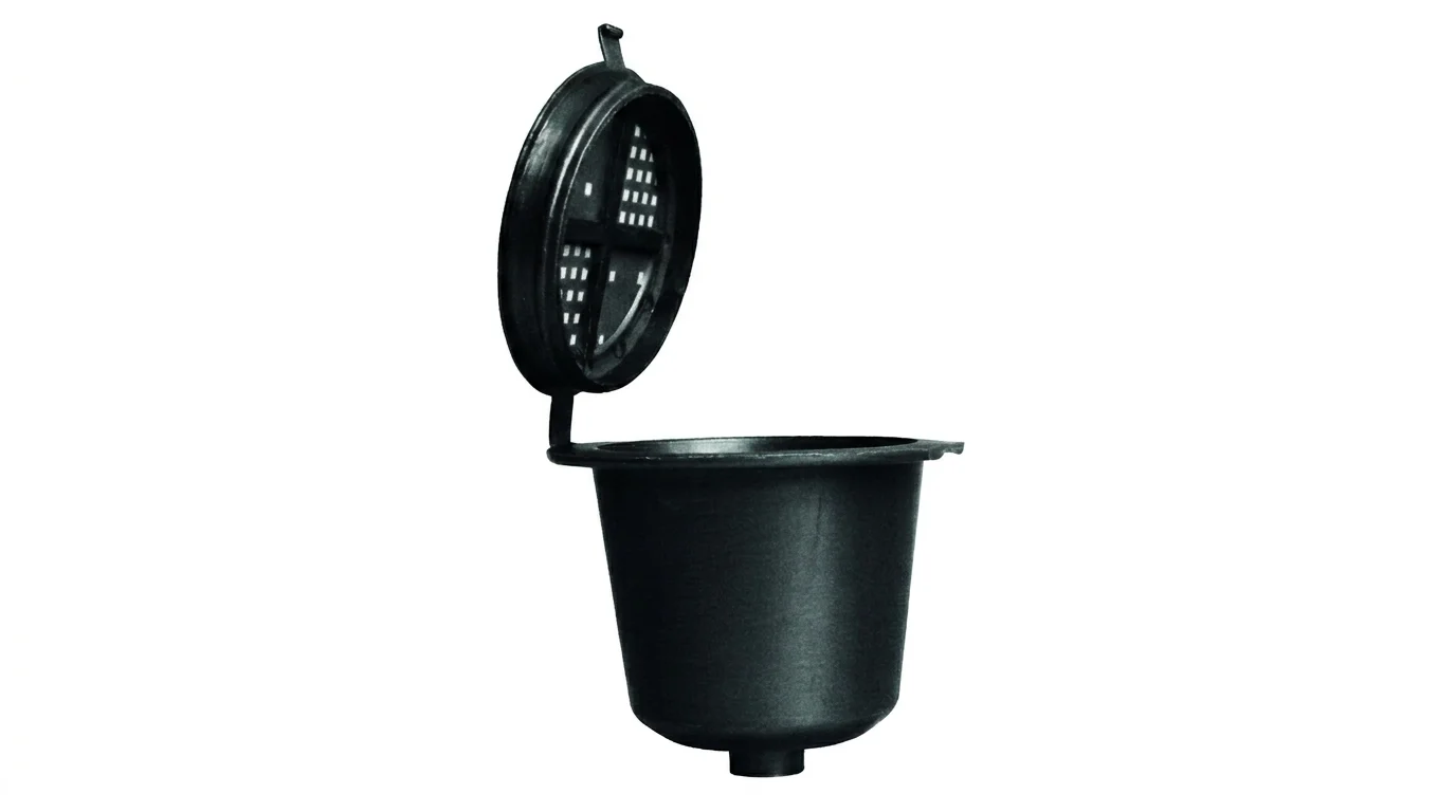 Černá plnitelná kapsle Scanpart kompatibilní s kávovary Nespresso s otevřeným víčkem.
