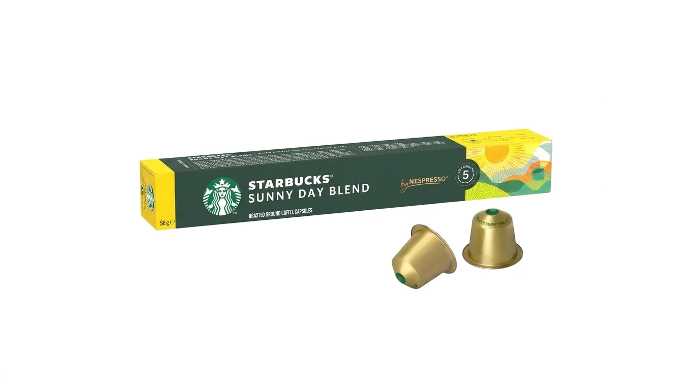 Zelená krabička kávových kapslí Starbucks Sunny Day Blend a dvě zlaté kapsle na bílém pozadí.