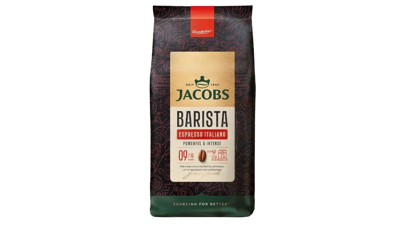 Balenie zrnkovej kávy Jacobs Barista Espresso Italiano v tmavom vrecku so zlatým štítkom.