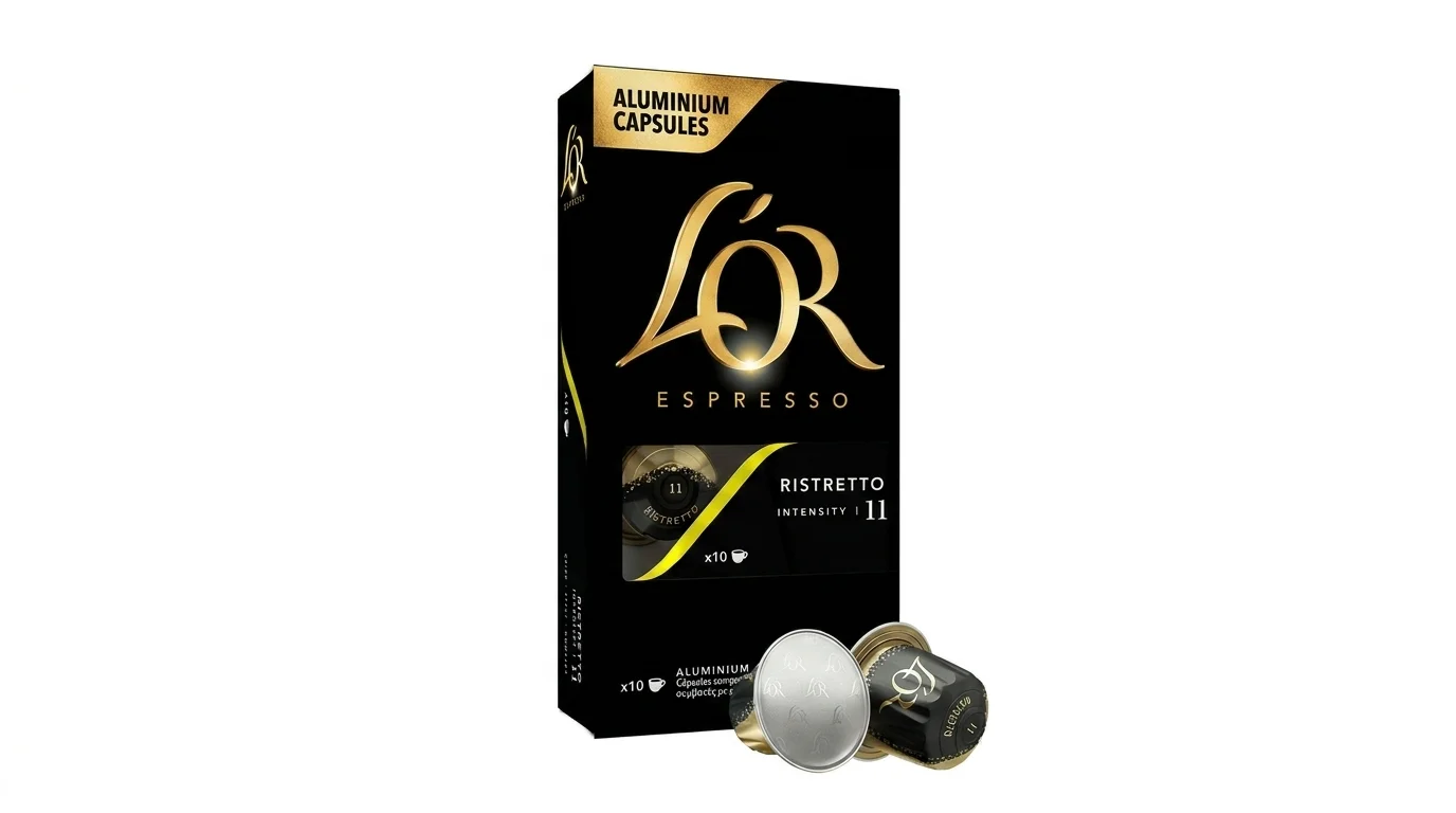 Čierna krabička kávových kapsúl L'OR Espresso Ristretto s intenzitou 11 a dve hliníkové kapsuly pred ňou.