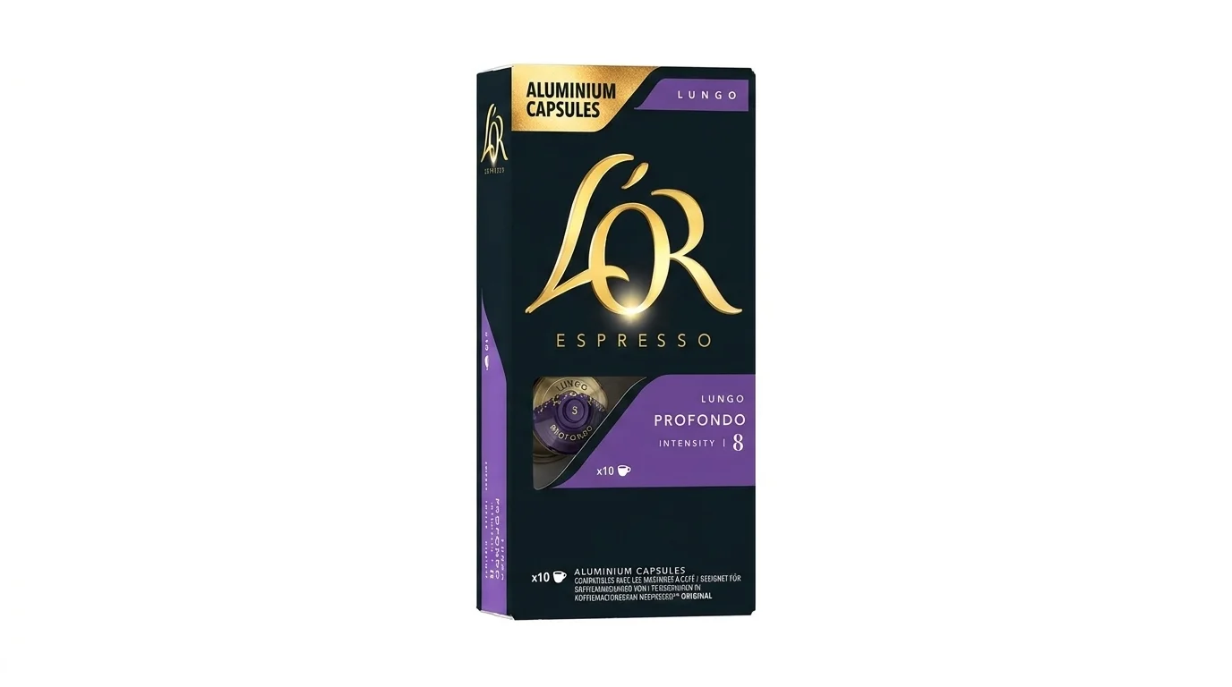 Černofialové balení kávových kapslí L'OR Espresso Lungo Profondo s intenzitou 8 na bílém pozadí.