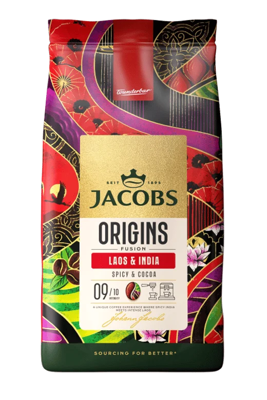 Pestrofarebné balenie zrnkovej kávy Jacobs Origins Laos & India s označením intenzity 9/10.