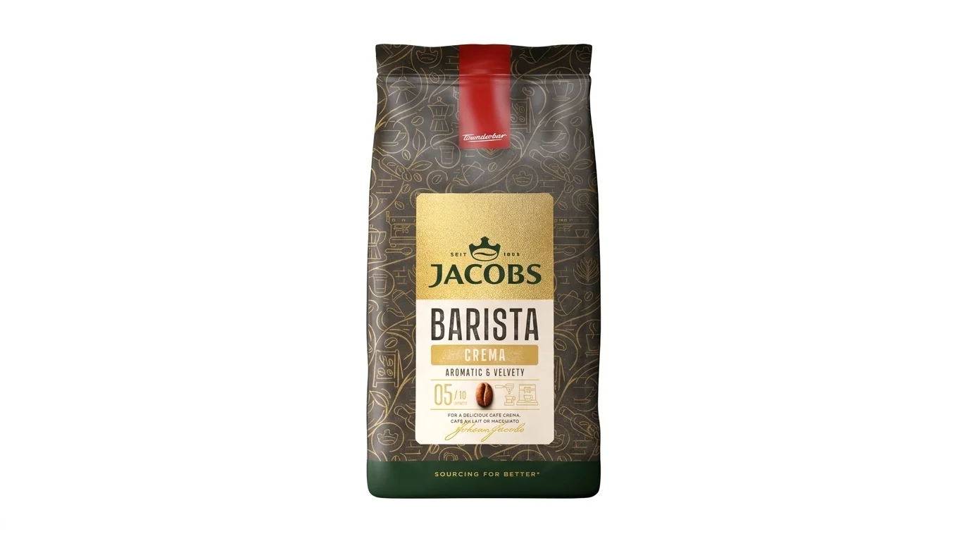 Balenie zrnkovej kávy Jacobs Barista Crema v tmavohnedom obale so zlatým a bielym štítkom.