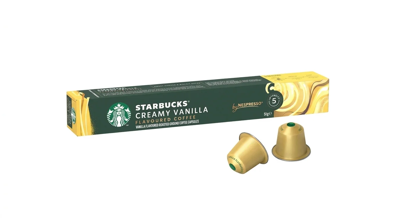 Zelená krabička kávových kapslí Starbucks Creamy Vanilla by Nespresso a dvě zlaté kapsle na bílém pozadí.