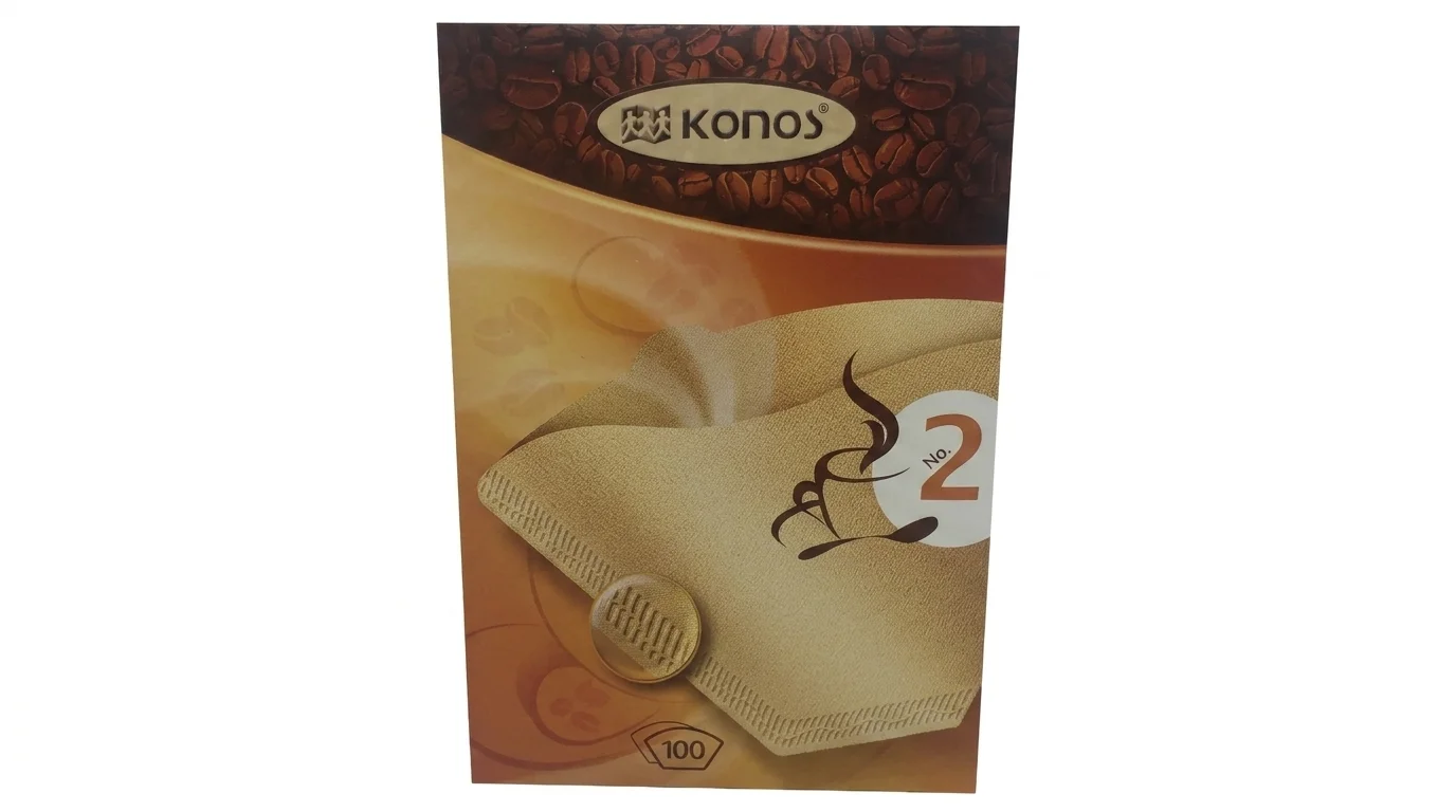 Balenie hnedých papierových kávových filtrov Konos veľkosti číslo 2 s motívom kávových zŕn.