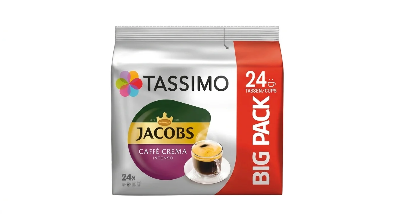 Balení kávových kapslí Tassimo Jacobs Caffè Crema Intenso s nápisem Big Pack pro přípravu 24 šálků.