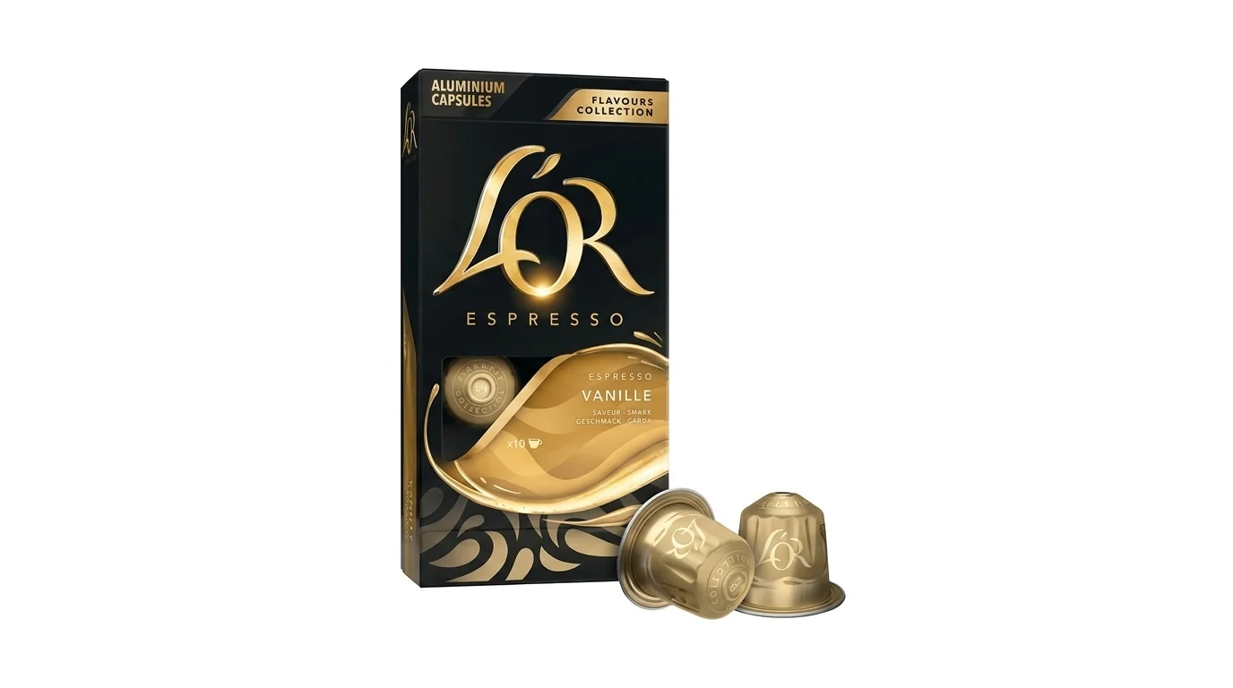 Černozlatá krabička kávových kapslí L'OR Espresso Vanille a dvě zlaté hliníkové kapsle.