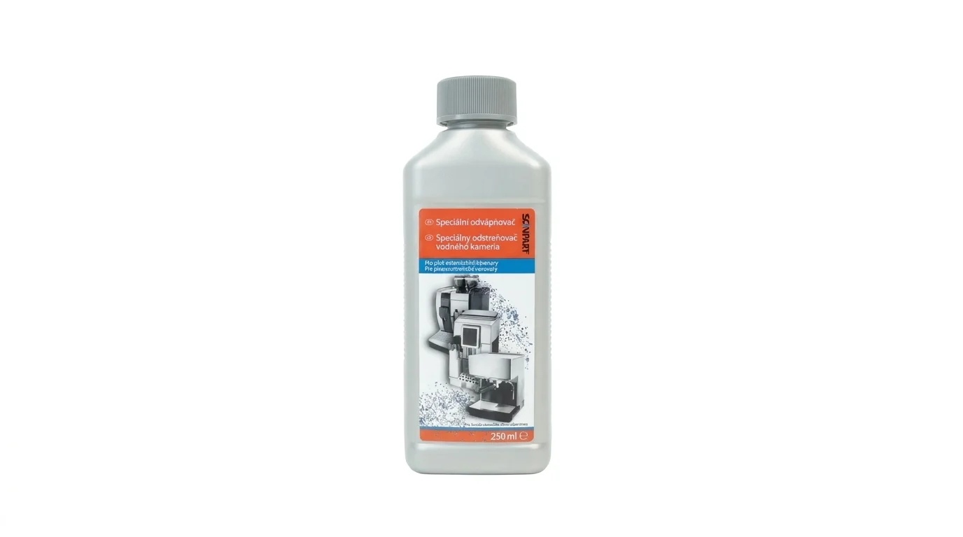 Tekutý odvápňovač Scanpart o objemu 250 ml v šedé plastové lahvi na bílém pozadí.