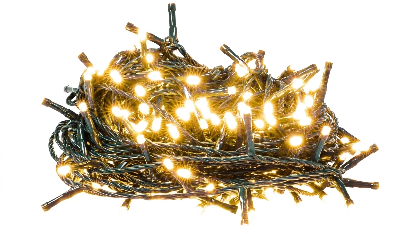 Zmotaná vianočná LED reťaz Retlux RXL 233 s rozsvietenými teplými bielymi diódami na tmavozelenom kábli.