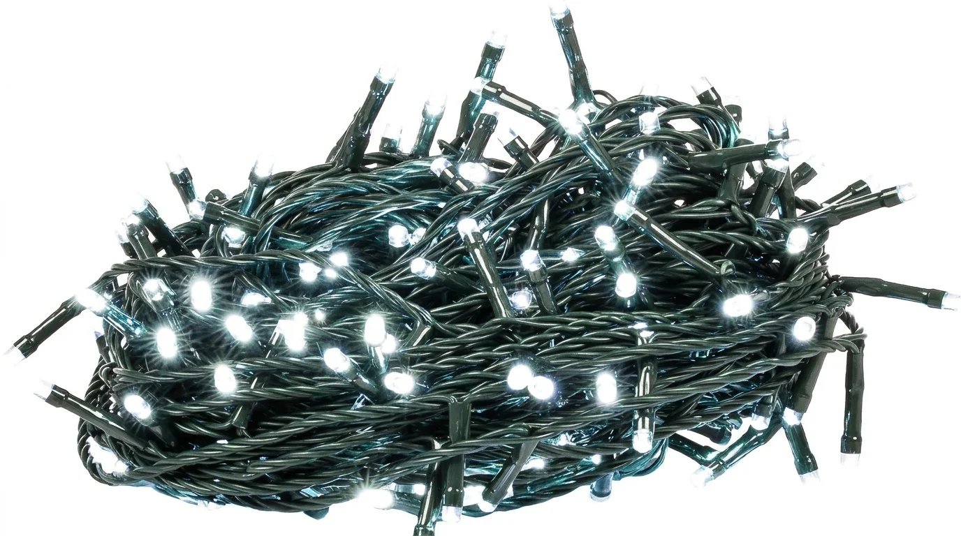 Zvinutá vianočná LED reťaz Retlux RXL 301 na zelenom kábli so svietiacimi diódami so studeným bielym svetlom.