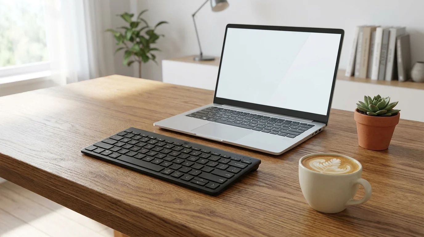 Čierna bezdrôtová klávesnica HP 350 Compact Multi-Device BT na drevenom stole vedľa notebooku a šálky kávy.