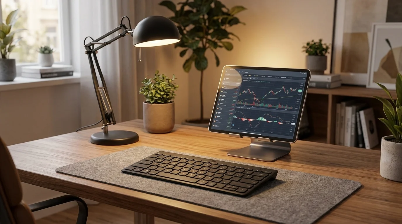 Čierna bezdrôtová klávesnica HP 350 Compact Multi-Device BT na sivej podložke na drevenom stole vedľa tabletu na stojane.