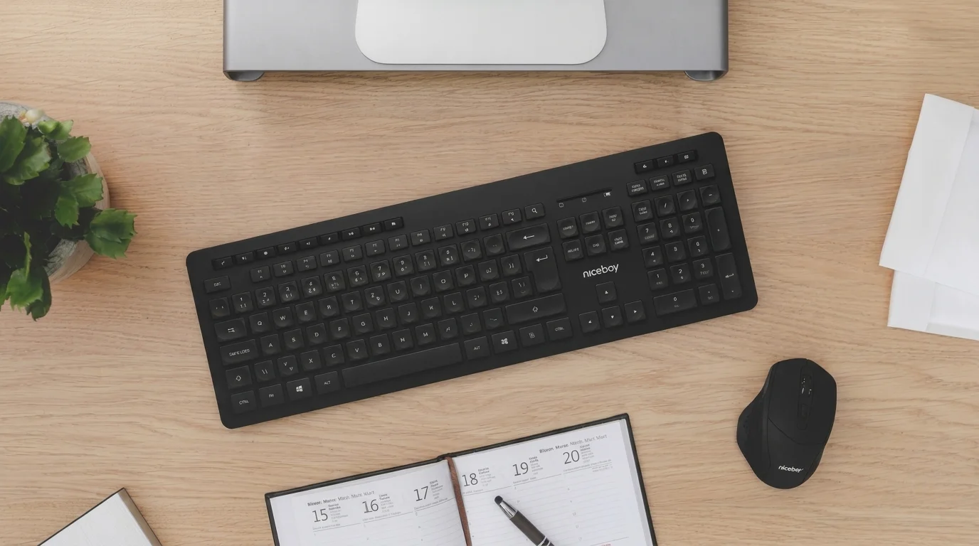 Černá bezdrátová klávesnice Niceboy OFFICE K10 Comfort a myš na dřevěném stole vedle otevřeného zápisníku a zelené rostliny.