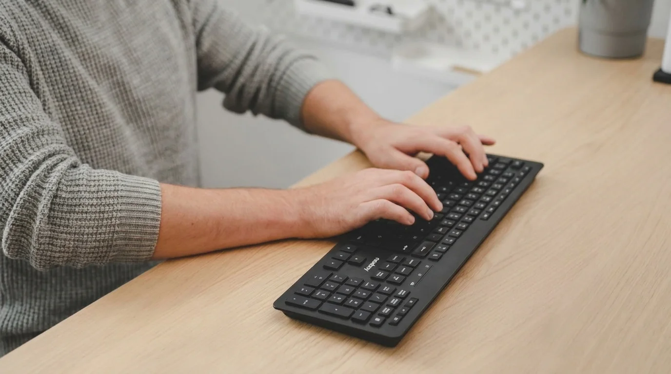 Člověk v šedém svetru píše na černé bezdrátové klávesnici Niceboy OFFICE K10 Comfort na dřevěném stole.